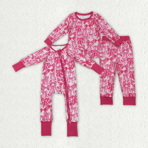 9.29 RTS Sibling Baby Girls Hot Pink Bows Plaid Pajams Sets Zipper Footie Rompers