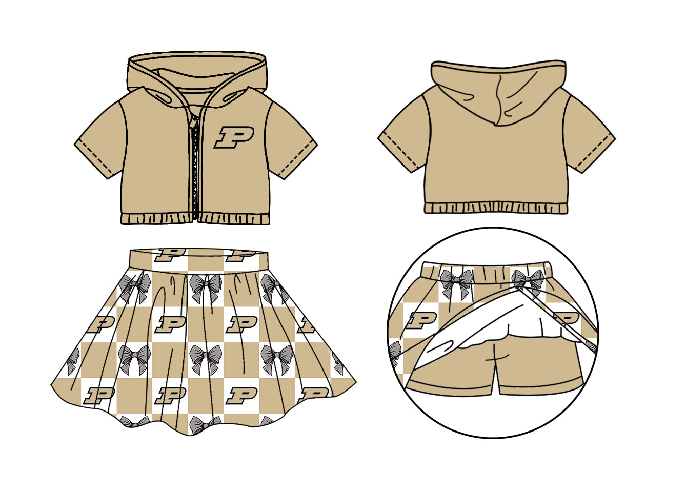 CUSTOM MOQ 5 Sibing Kids Clothing for Girls Baby Girls Khaki P Bow Top Skirts Yoga Active Team Clothes Sets Knee Length Dress Shorts