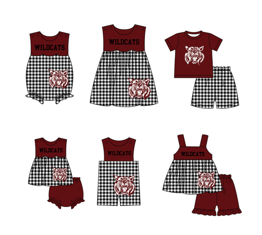 3.6 CUSTOM MOQ 5 Sibling Boys Baby Girls Dark Red Cat Checked Top Shorts Clothes Set Knee Length Dress Rompers