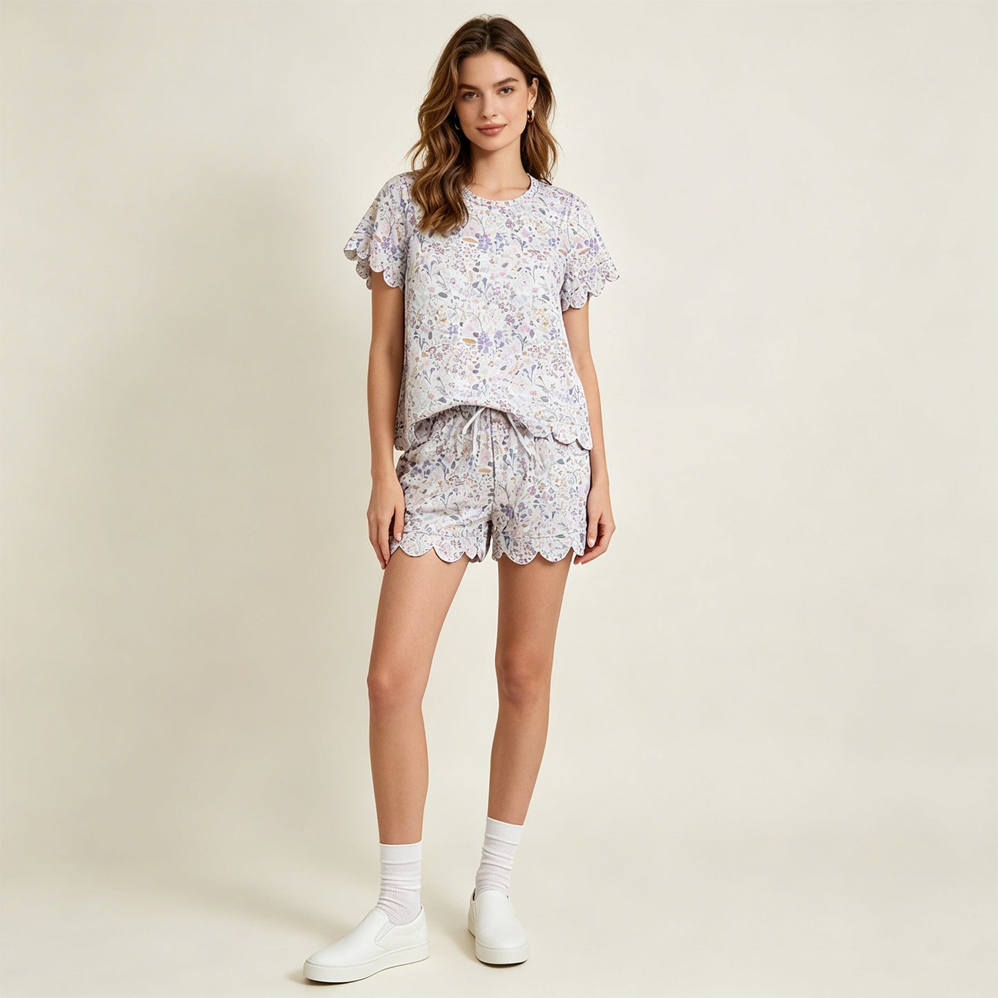 GSSO3420 RTS NO MOQ （In stock）Lavender white floral bow top shorts adult women outfits