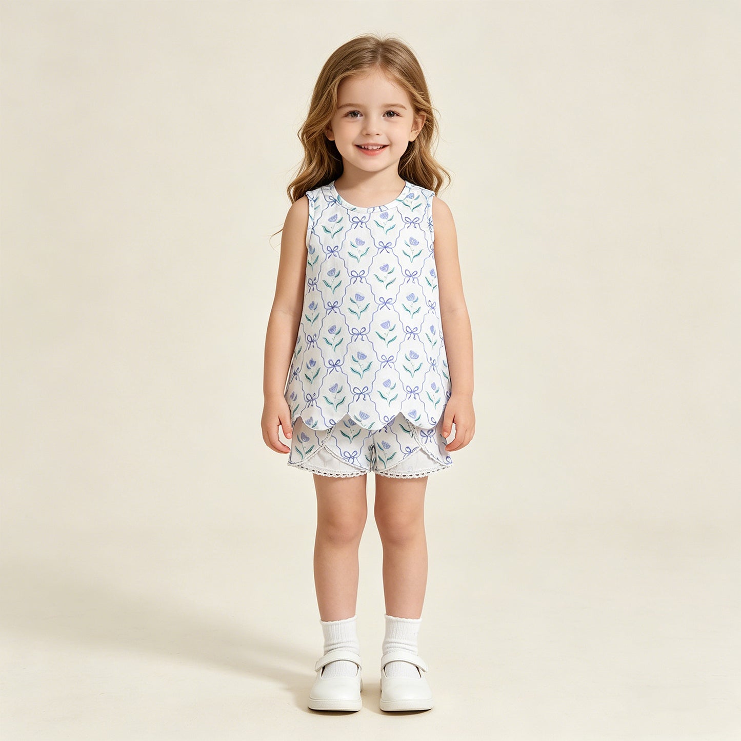 GSSO3426 RTS NO MOQ （In stock ）Sleeveless floral bow scallop top shorts girls outfits