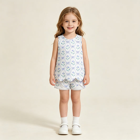 GSSO3426 RTS NO MOQ （In stock ）Sleeveless floral bow scallop top shorts girls outfits