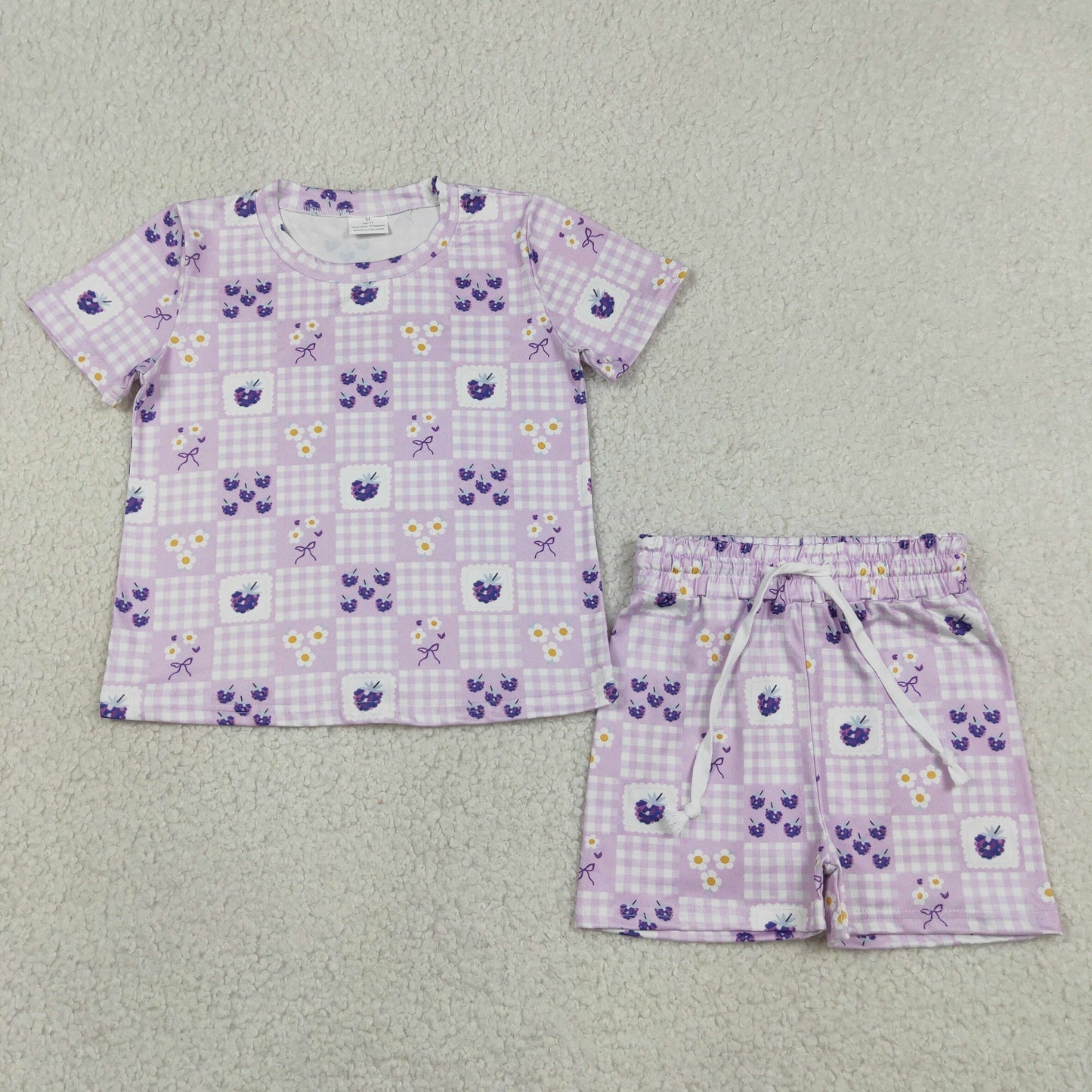 GSSO3647  RTS NO MOQ （In stock ） No Moq Baby Girls Purple Checked Flowers Top Short Clothes Set