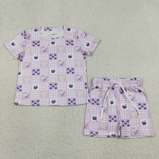 GSSO3647  RTS NO MOQ （In stock ） No Moq Baby Girls Purple Checked Flowers Top Short Clothes Set