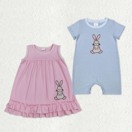 12.12 RTS Sibling Baby Kids Embroidery Stripe Rabbits Easter Ruffle Knee Length Dress Shorts Romper