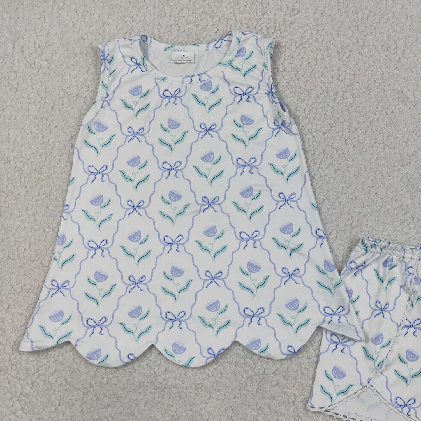 GSSO3426 RTS NO MOQ （In stock ）Sleeveless floral bow scallop top shorts girls outfits