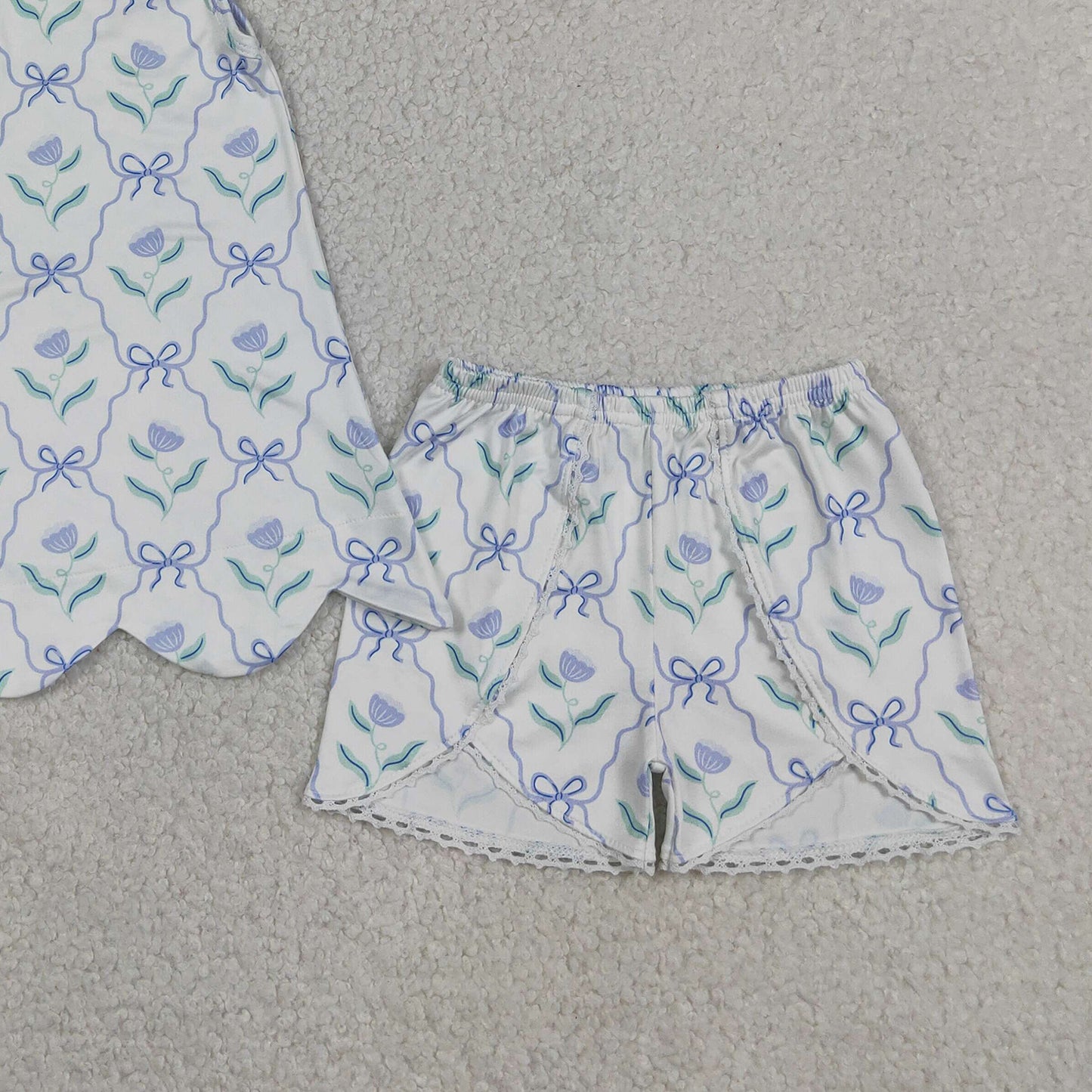 GSSO3426 RTS NO MOQ （In stock ）Sleeveless floral bow scallop top shorts girls outfits