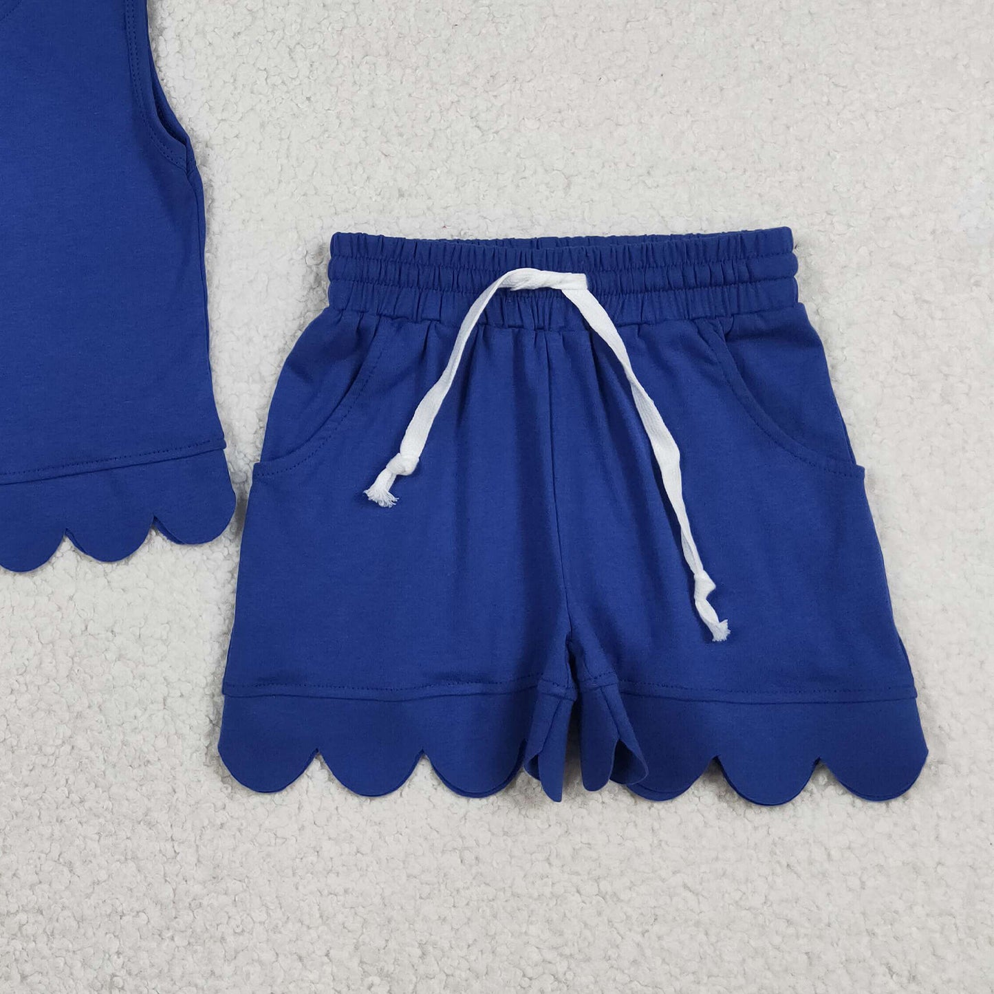GSSO3732 RTS NO MOQ （In stock）Baby Girls Hot Blue Sleeveless Top Short Scallop Clothes Set