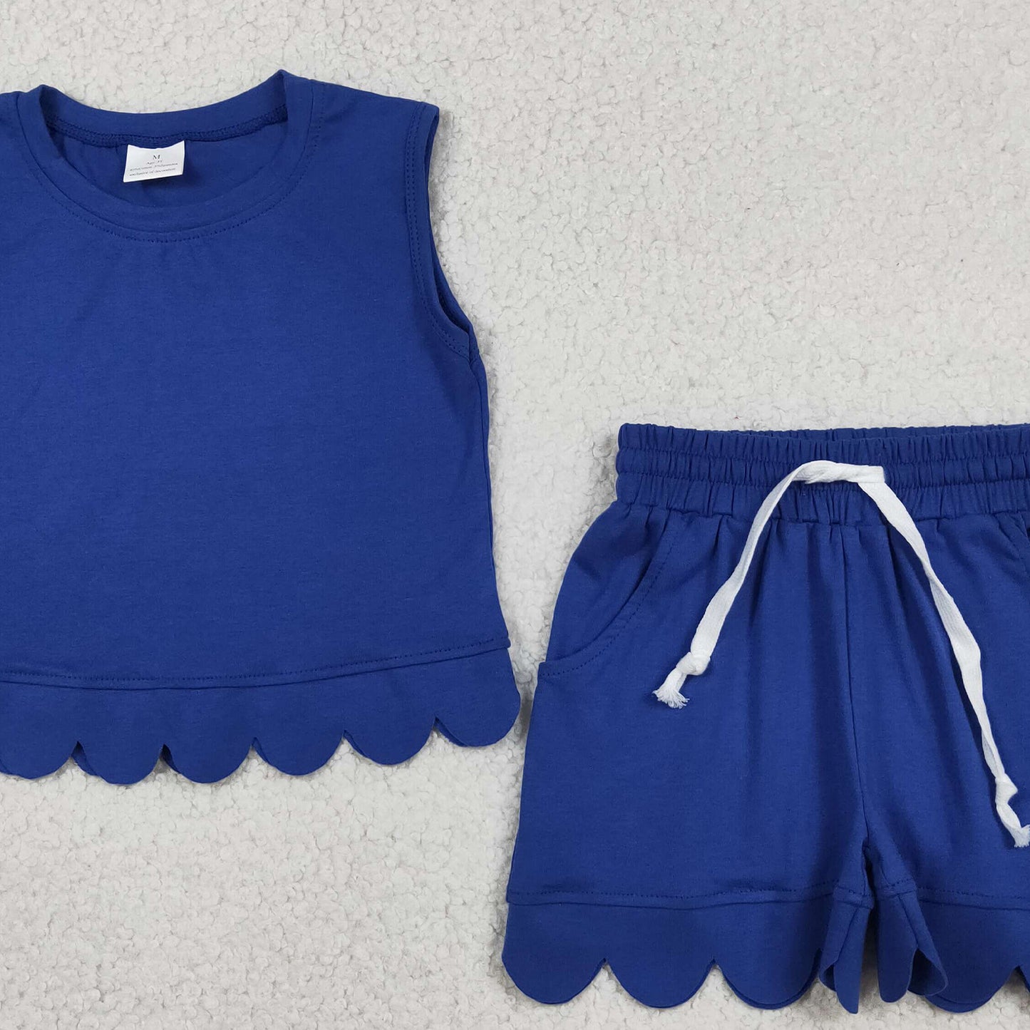 GSSO3732 RTS NO MOQ （In stock）Baby Girls Hot Blue Sleeveless Top Short Scallop Clothes Set