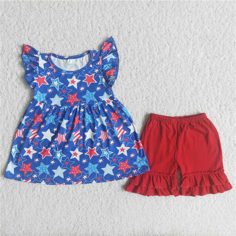 A15-21 Girls star print pearl shirt ruffle shorts 4th of July clothes