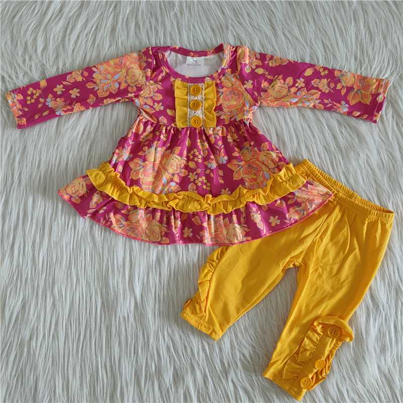 6 A27-13Floral print tunic mustard leggings wholesale girls clothing set