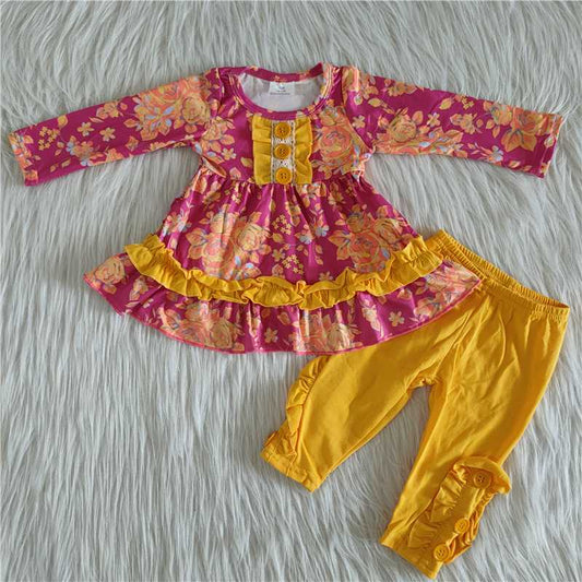 6 A27-13Floral print tunic mustard leggings wholesale girls clothing set
