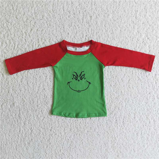 6 A6-5  Green face screen print long sleeve boy Christmas shirt