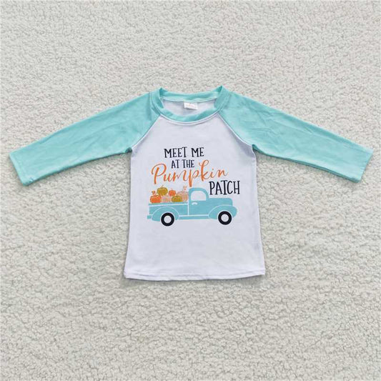 6 A32-3 Baby Boys Meet Me Pumpkin Tractor Blue Long Sleeve Tee Shirts Tops