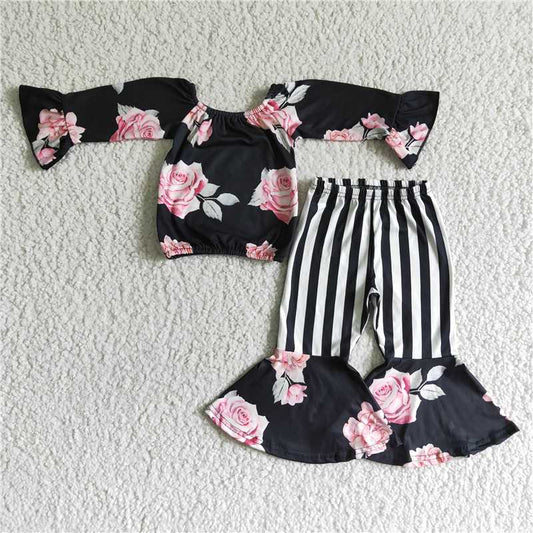 6 A29-2Black floral top match bell bottom pants kids clothes