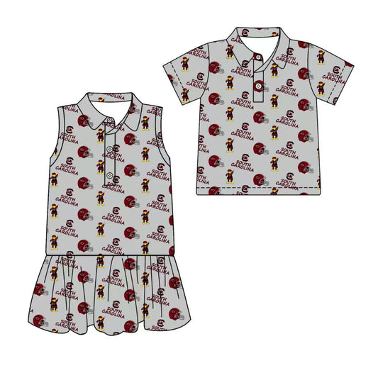3.11 CUSTOM MOQ 5 Sibling Boys Baby Girls Summer Fashion Short Sleeve Gray Red Hat Shirt Sleeveless Dress Team Clothes Sets