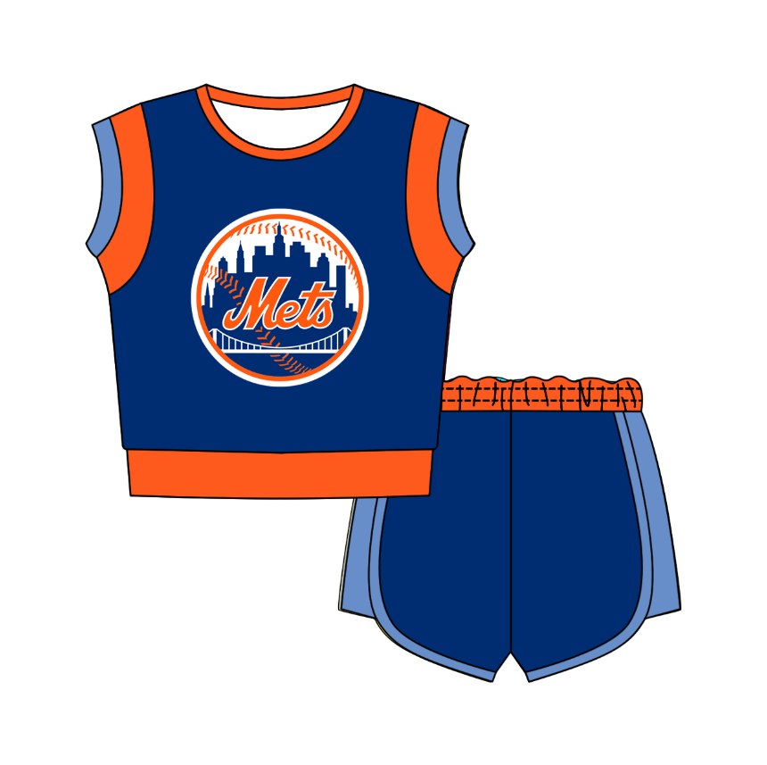 CUSTOM MOQ 5 Cute Comfortable Clothing For Kids Baby Kids Summer Blue Orange Sleeveless Patchwork Top Shorts Clothes Sets