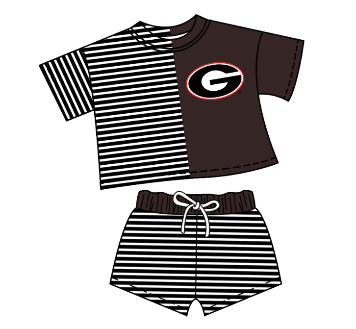 CUSTOM MOQ 5 Baby Kids Summer Brown Stripe Top Shorts Clothes Sets