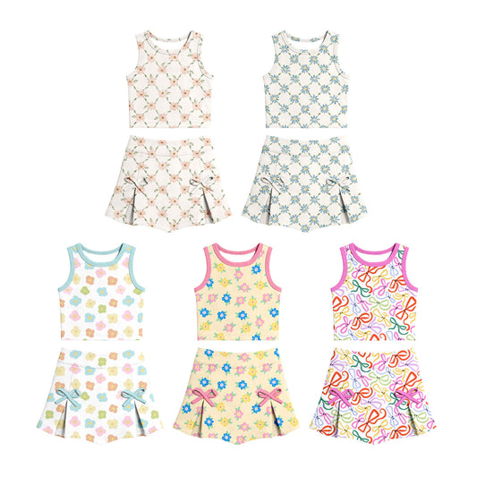 CUSTOM MOQ 5 Sibling Baby Girls Summer Flowers Bow Top Skirt Yoga Activewear Clothes Sets