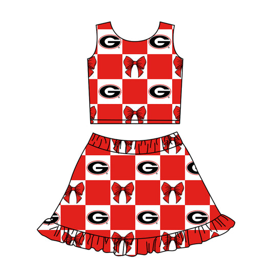 CUSTOM MOQ 5 Kids Clothing for Girls Baby Girls Bright Red Bow Plaid Top Skirts Yoga Active Team Clothes Sets