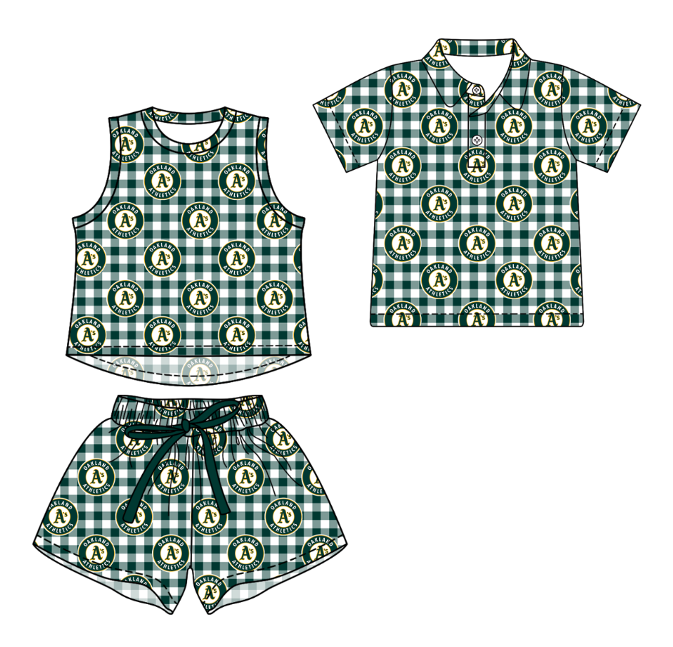 3.14 CUSTOM MOQ 5 Sibling Boys Baby Girls Summer Fashion Green Check Sleeveless Top Shorts Button Polo Shirts Team Clothes Sets