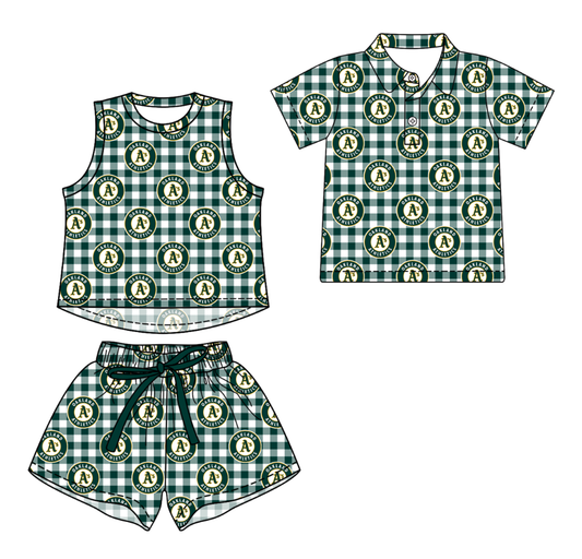 3.14 CUSTOM MOQ 5 Sibling Boys Baby Girls Summer Fashion Green Check Sleeveless Top Shorts Button Polo Shirts Team Clothes Sets
