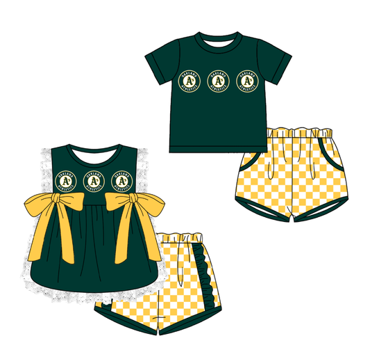 CUSTOM MOQ 5 Cute Comfortable Clothing For Kids Sibling Boys Baby Girls Summer Green Bow Top Yellow Checked Shorts Team Clothes Sets