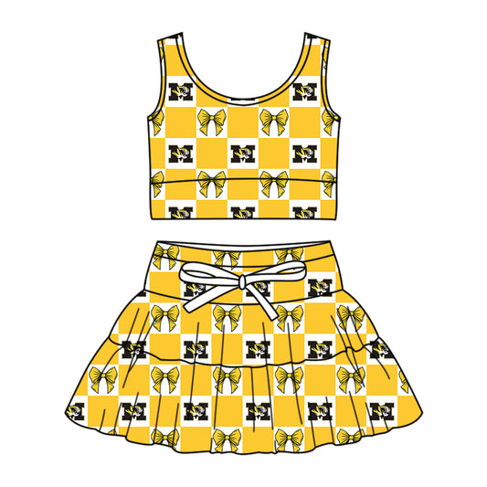 CUSTOM MOQ 5 Kids Clothing for Girls Baby Girls Yellow Bow Plaid Top Skirts Yoga Active Team Clothes Sets