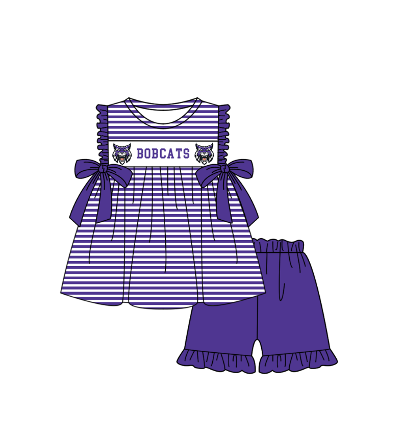 CUSTOM MOQ 5 Sibling Boys Baby Girls Purple Color Stripe Top Ruffles Shorts Clothes Set Knee Length Dress Rompers