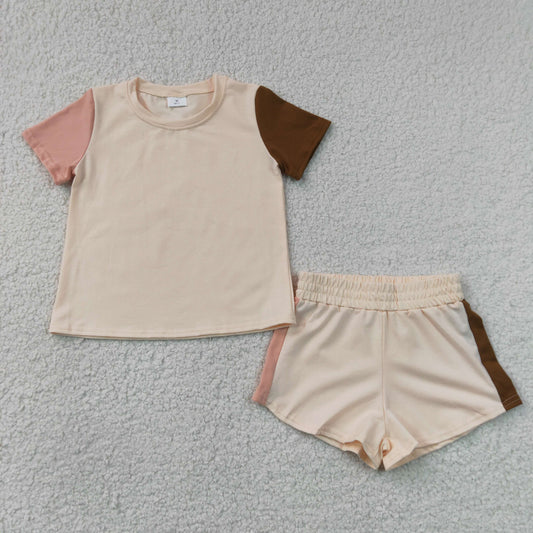BSSO2012 RTS NO MOQ （In stock）Short sleeves cotton patchwork top shorts kids summer outfits