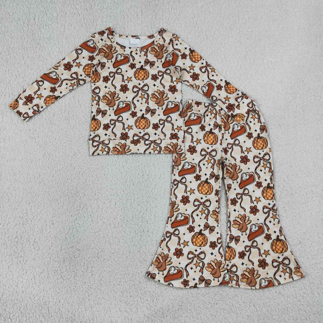 GLP3420 RTS NO MOQ （In stock）Baby Girls Turkey Pumpkin Long Sleeve Top Flare Bell Pants Outfit