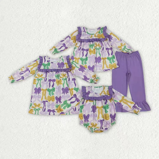 10.3 RTS Sibling Baby Girls Mardigras Bows Ruffle Pants Clothes Set Knee Length Dress Rompers