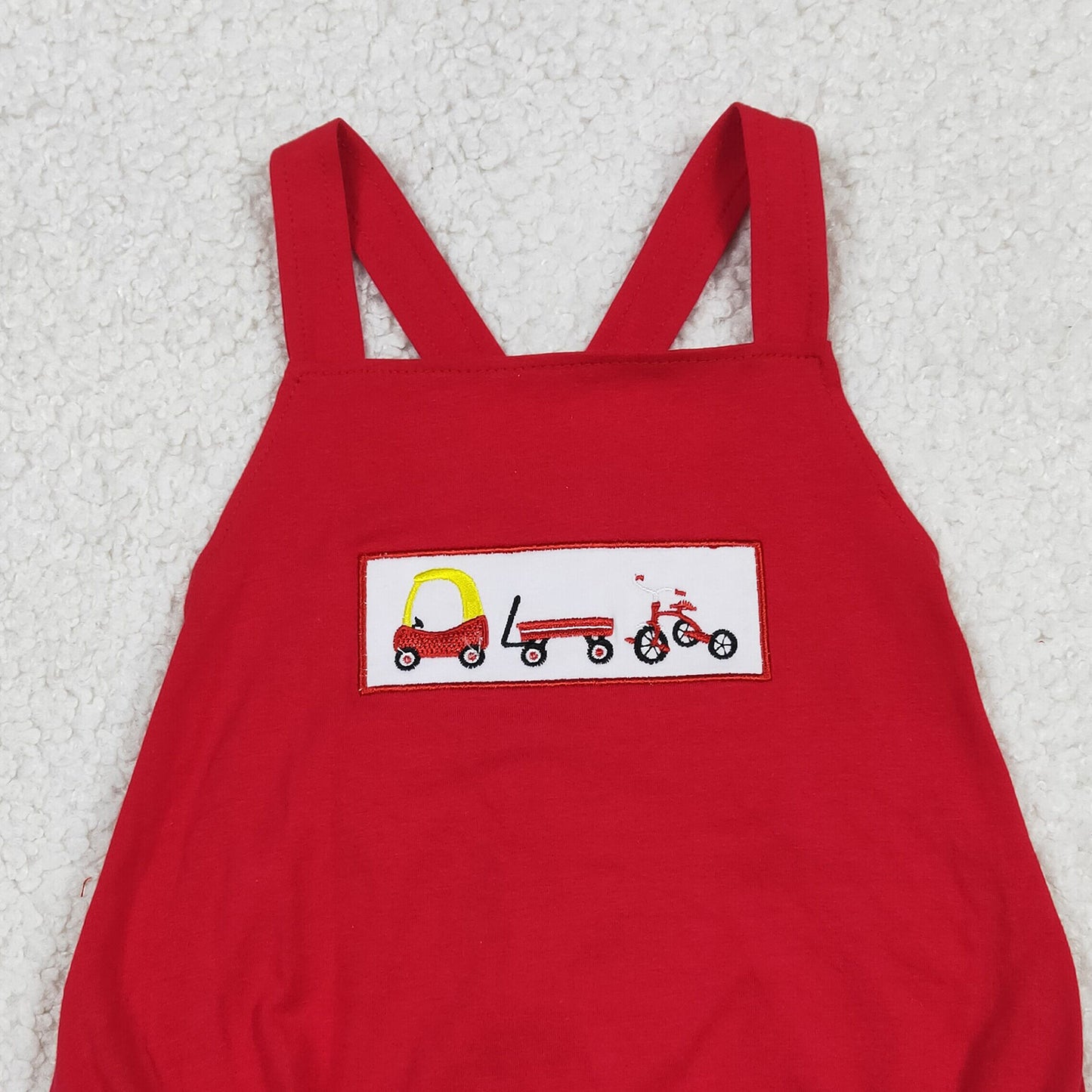 SR2849 RTS NO MOQ （In stock）Embroidery Cars Bicycle Baby Boys Strap Rompers
