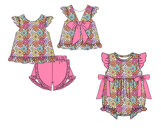 CUSTOM MOQ 5 Sibling Baby Girls Flower Checked Tunic Ruffle Shorts Clothes Set Rompers