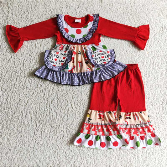 6 A24-13 Christmas red long-sleeved pocket bell bottom pants suit