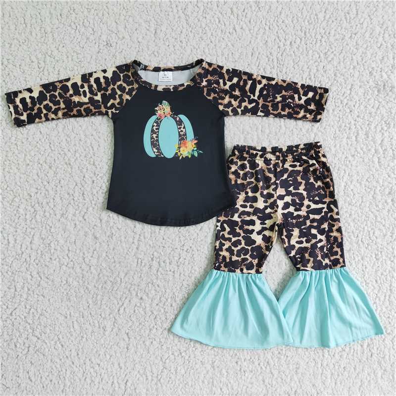6 A13-15Girl Blue Pumpkin Leopard Outfit