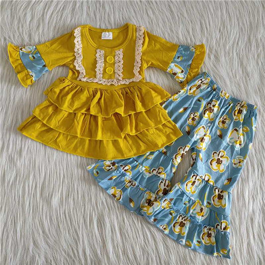 6 B12-36Yellow ruffle top match pants girls fall clothes