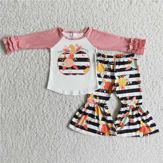 6 A4-15Girl Pumpkin Floral Striped Outfit