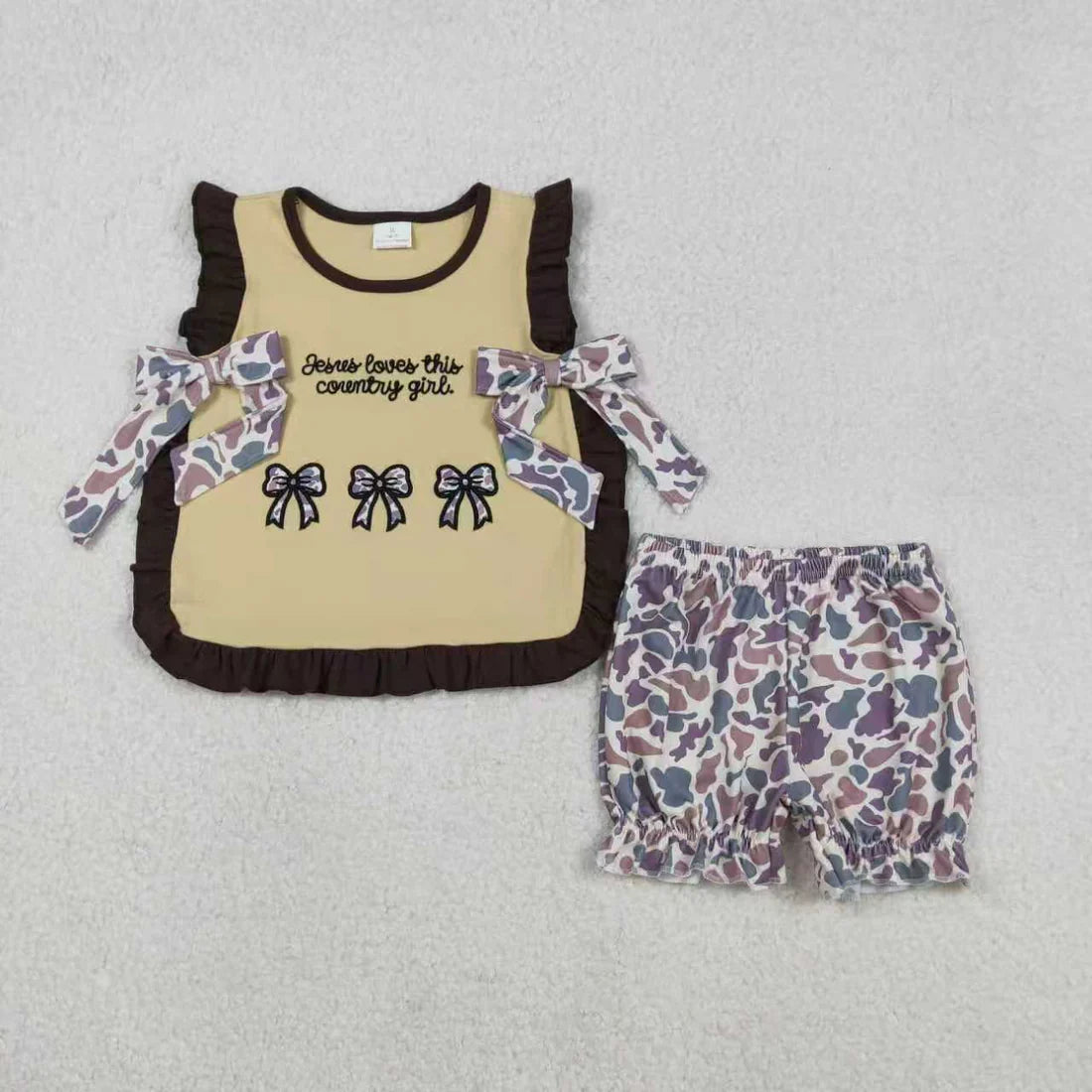 11.20 RTS Sibling Baby Girls Embroidery Country Girls Camo Bows Shorts Western Clothes Sets Ruffle Rompers