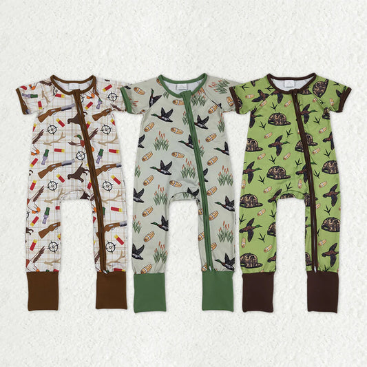 12.24 RTS Sibling Baby Kids Camo Hats Ducks Southern Hunting Two Way Zipper Convertible Rompers