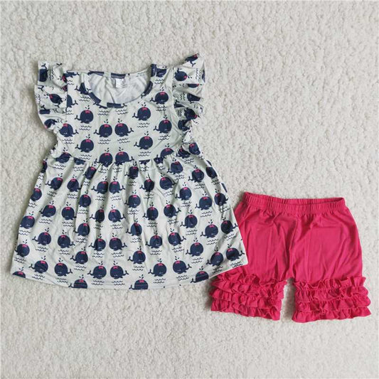 Red O-Neck high quality fish shorts set