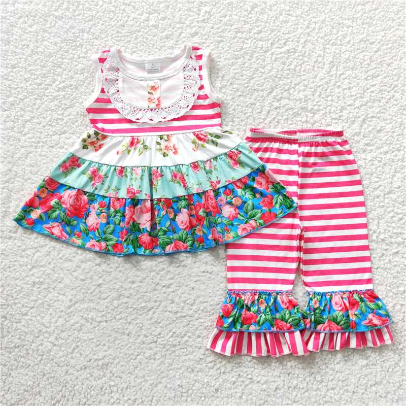 E2-11  Sleeveless ruffle tunic kids girls clothing set
