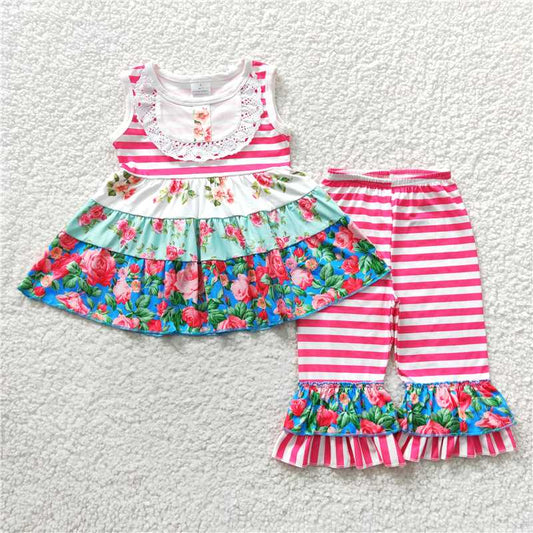 E2-11  Sleeveless ruffle tunic kids girls clothing set