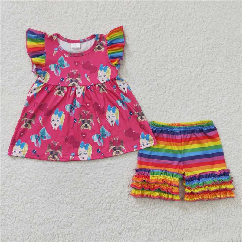 Colorful stripes ruffles soft shorts set