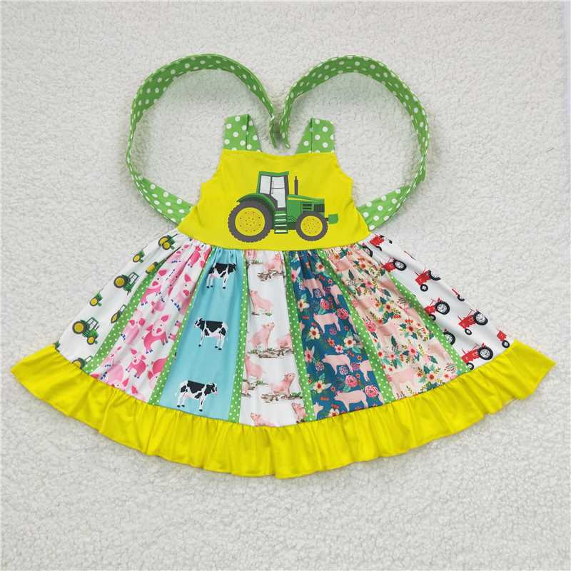 A0-21 Baby Girls Farm Tractor Belt Twirl Dresses
