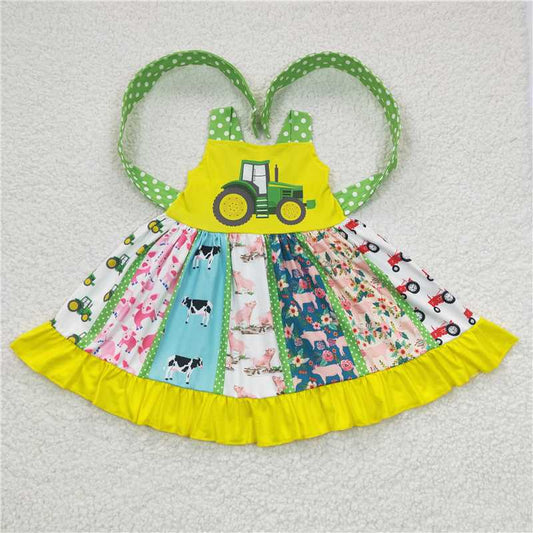 A0-21 Baby Girls Farm Tractor Belt Twirl Dresses