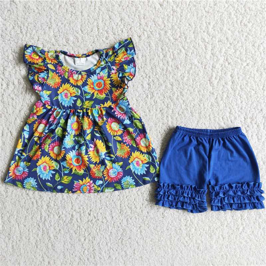 Blue Sunflower soft shorts set