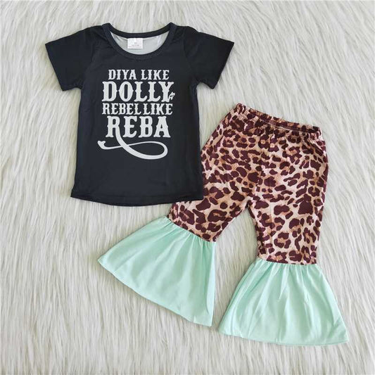 B17-22 baby girls leopard green bell bottom leopard set