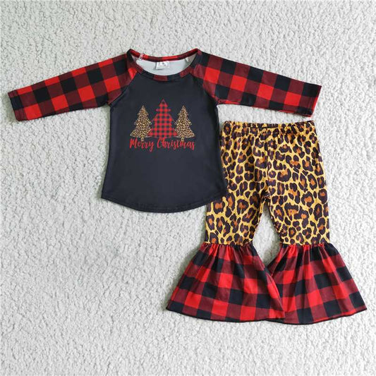 6 B12-38 Plaid Christmas tree long-sleeved top + leopard print trousers
