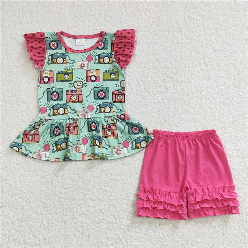 Camera print peplum shorts girls clothing set